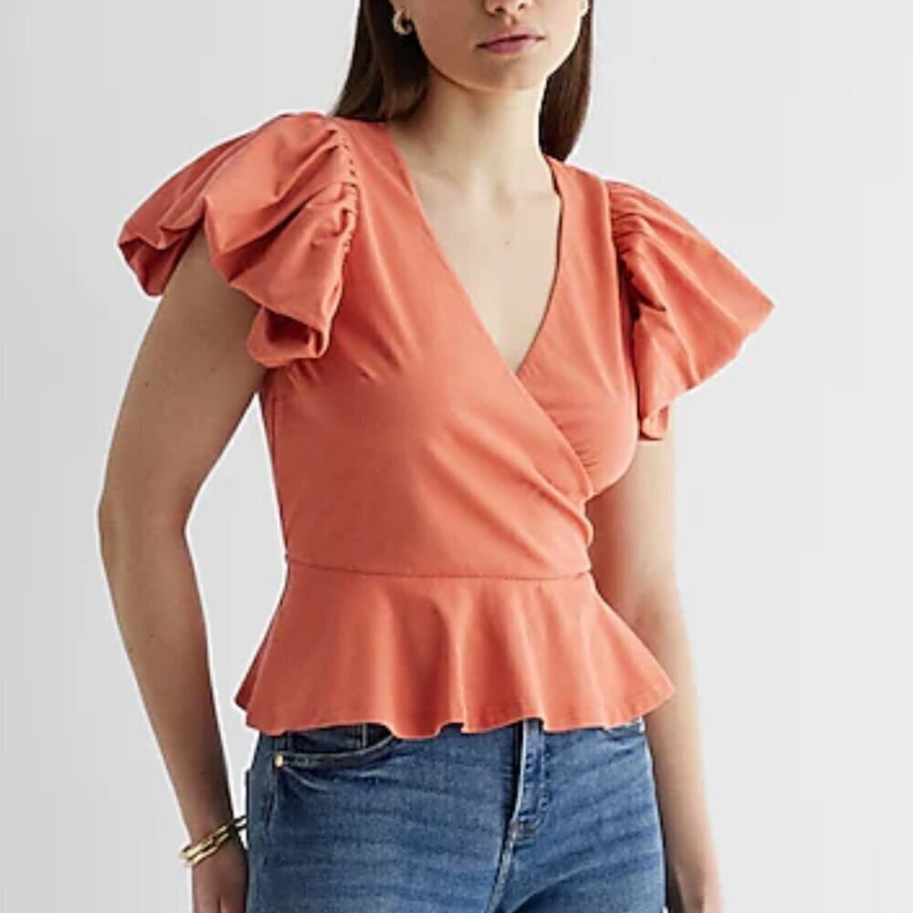 NWT Express Apricot Flutter sleeve faux wrap peplum top, Size Medium